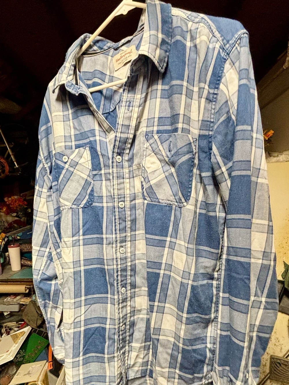 Weatherproof Blue and White Plaid Button-Down Shirt